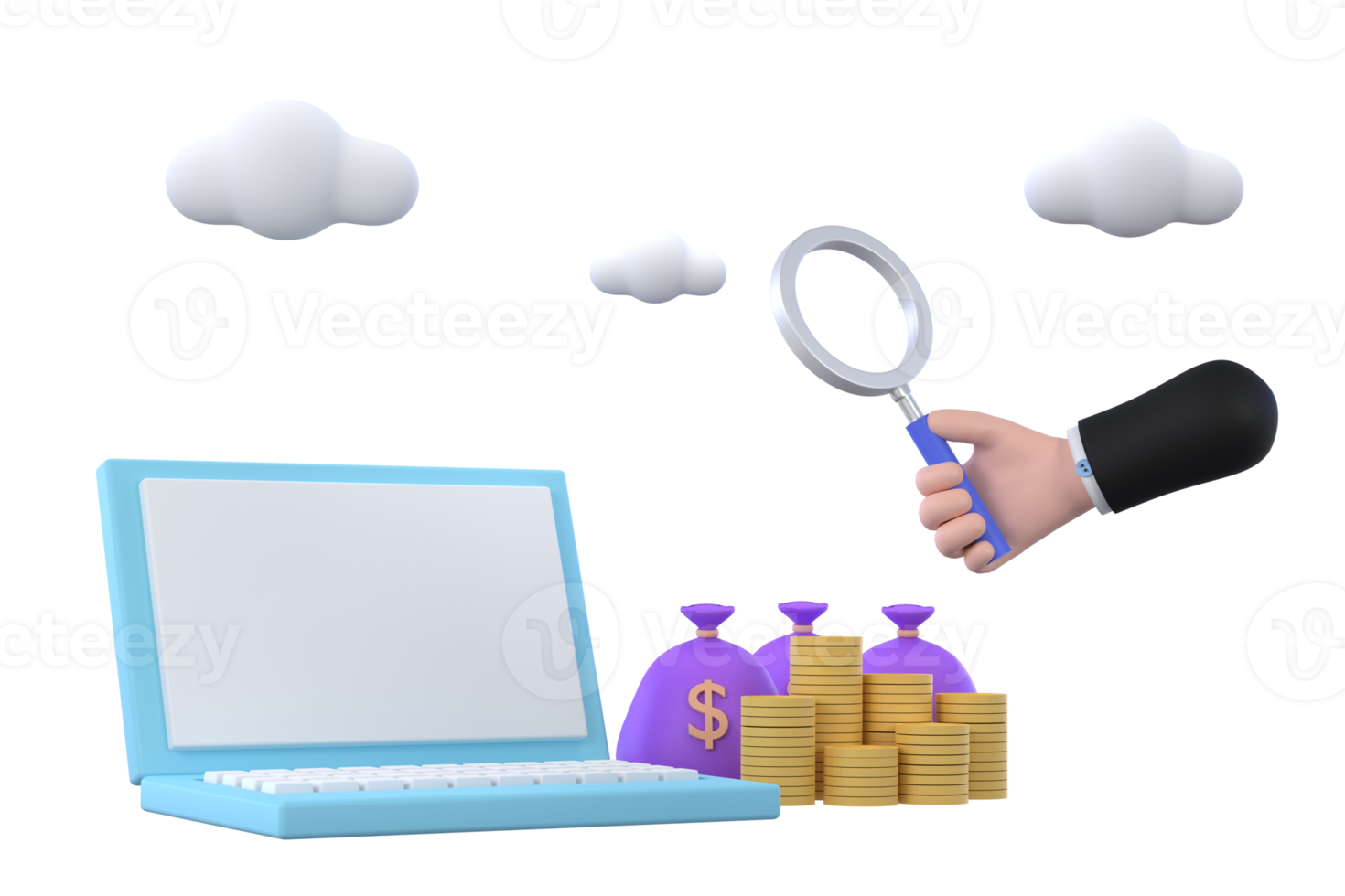 3D. hand holding magnifying glass and laptop making money in investing in stocks financial business concept. png