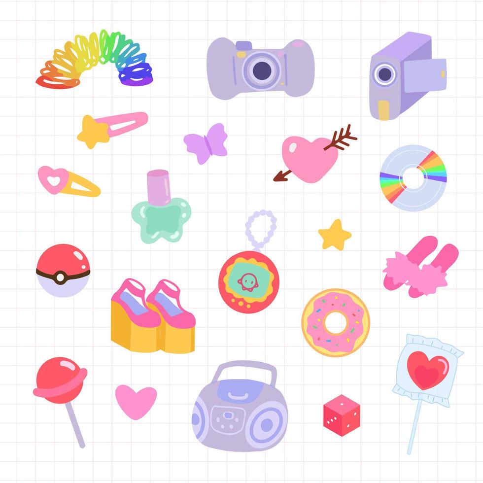 Set of girly y2k stuff, 90s and 00s nostalgia vector