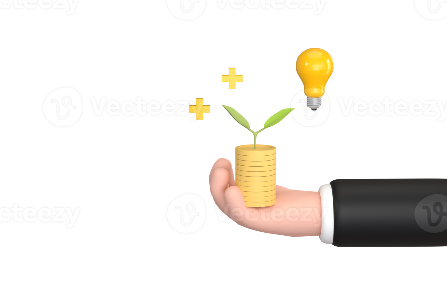 Cartoon businessman in a business suit holding a pot with a growing money tree holding a pile of coins, png