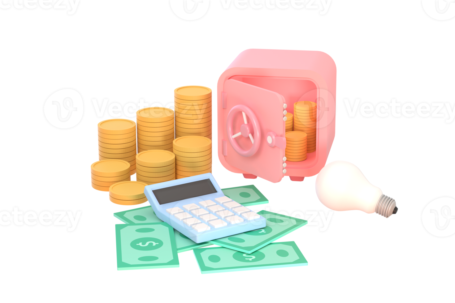 3D. Safe, coins, banknotes and calculator. business saving. png