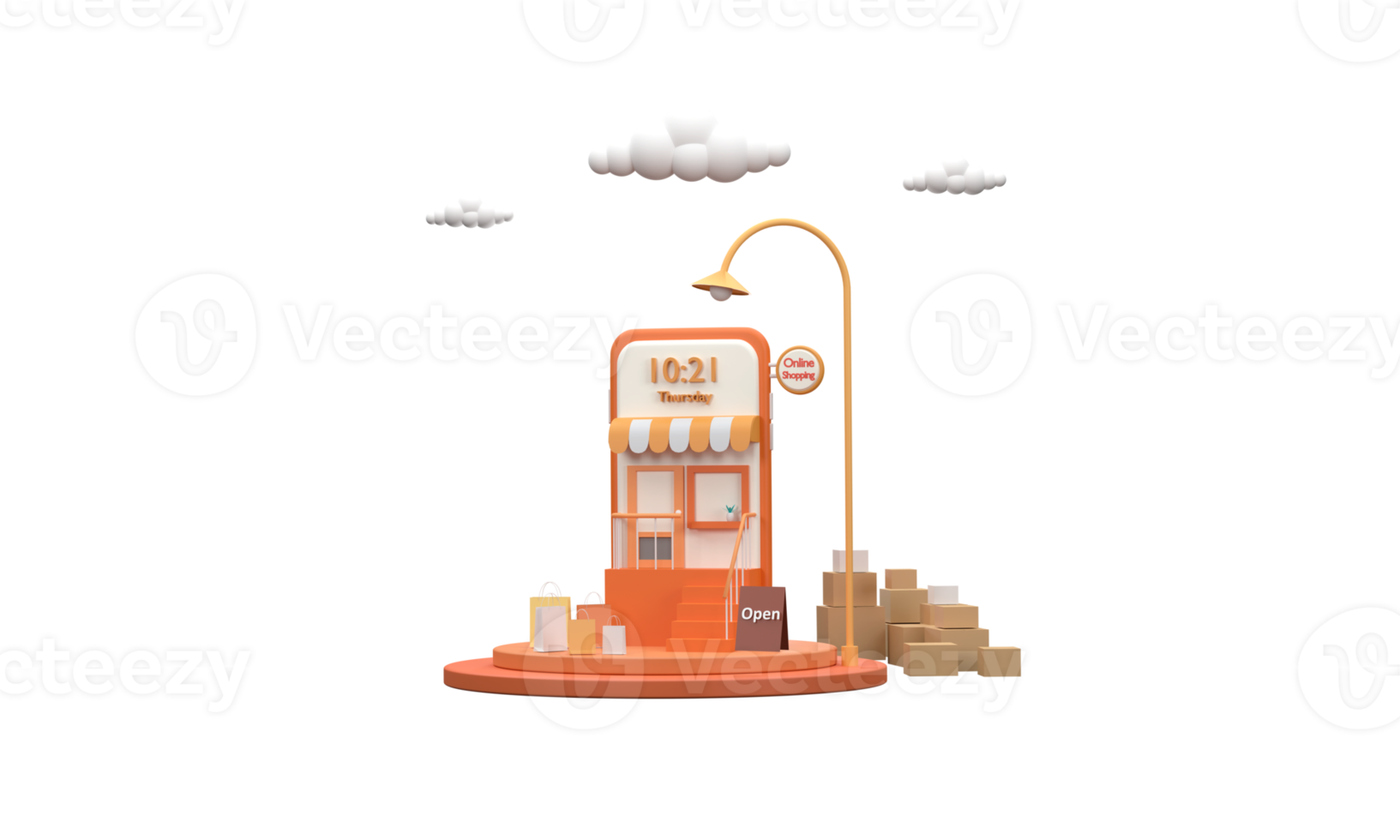3D. A mobile phone that runs an online store on a podium with parcel boxes and paper bags is a symbol of online selling. png