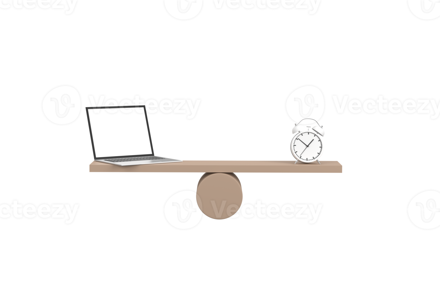 3d. notion de gestion d'entreprise. ordinateur portable et horloge sur balançoire en bois en équilibre sur fond blanc png