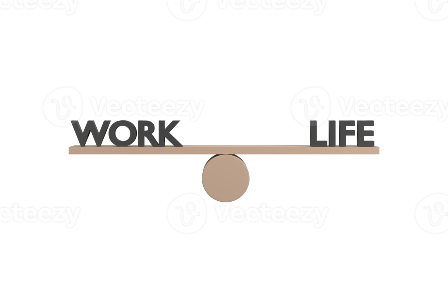 3d. Mots travail et vie sur balançoire en bois en équilibre sur fond blanc png