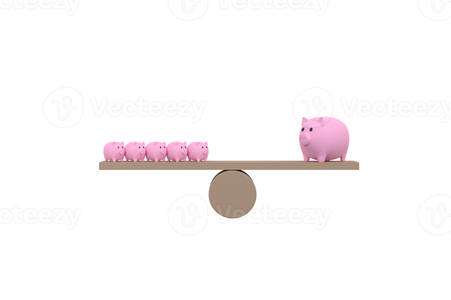 3d. Sparschwein auf Holzwippe balancieren. Sparkonzept png