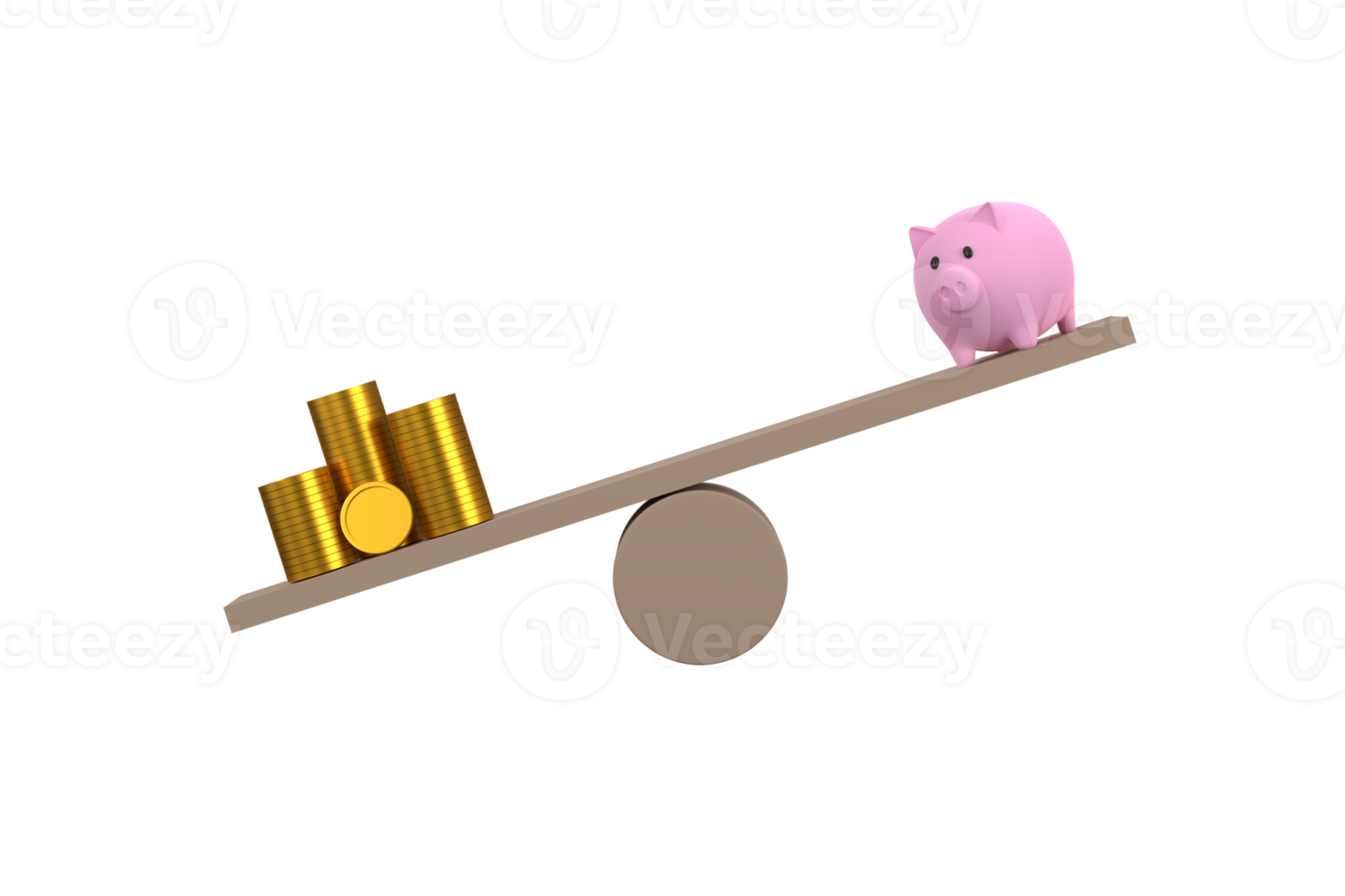 3D. money coins stack and piggy bank on wood seesaw unbalancing. Saveing concept png
