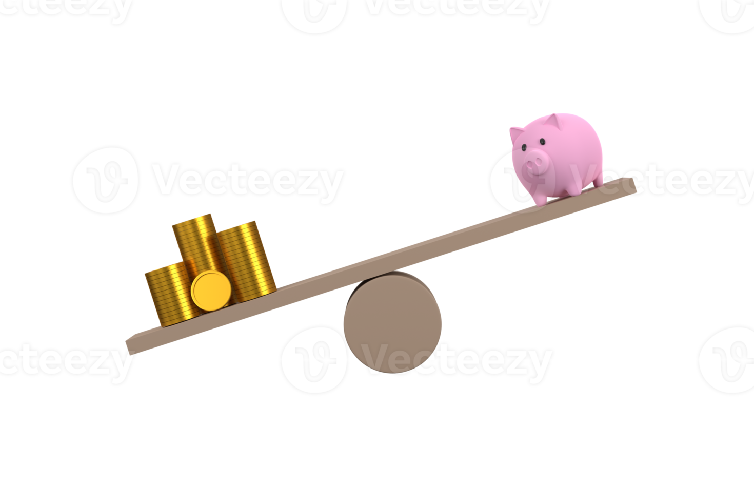 3d. Geldmünzen stapeln und Sparschwein auf Holzwippe aus dem Gleichgewicht. Sparkonzept png