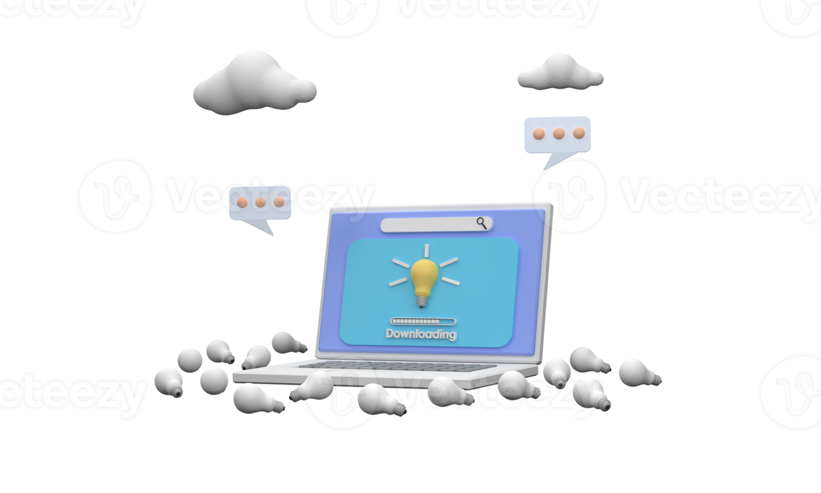 3d. un ordinateur portable téléchargeant une créativité différente des autres avec une ampoule comme symbole. png