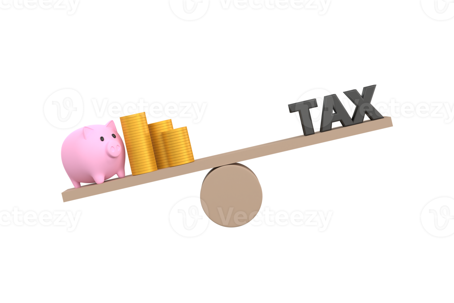 3D. piggy bank, Golden money and wooden cube block tax on seesaw for unbalance of earning or income and government tax deduction. png