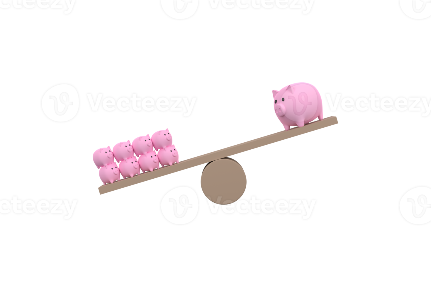 3D. piggy bank on wood seesaw unbalancing. Saveing concept png