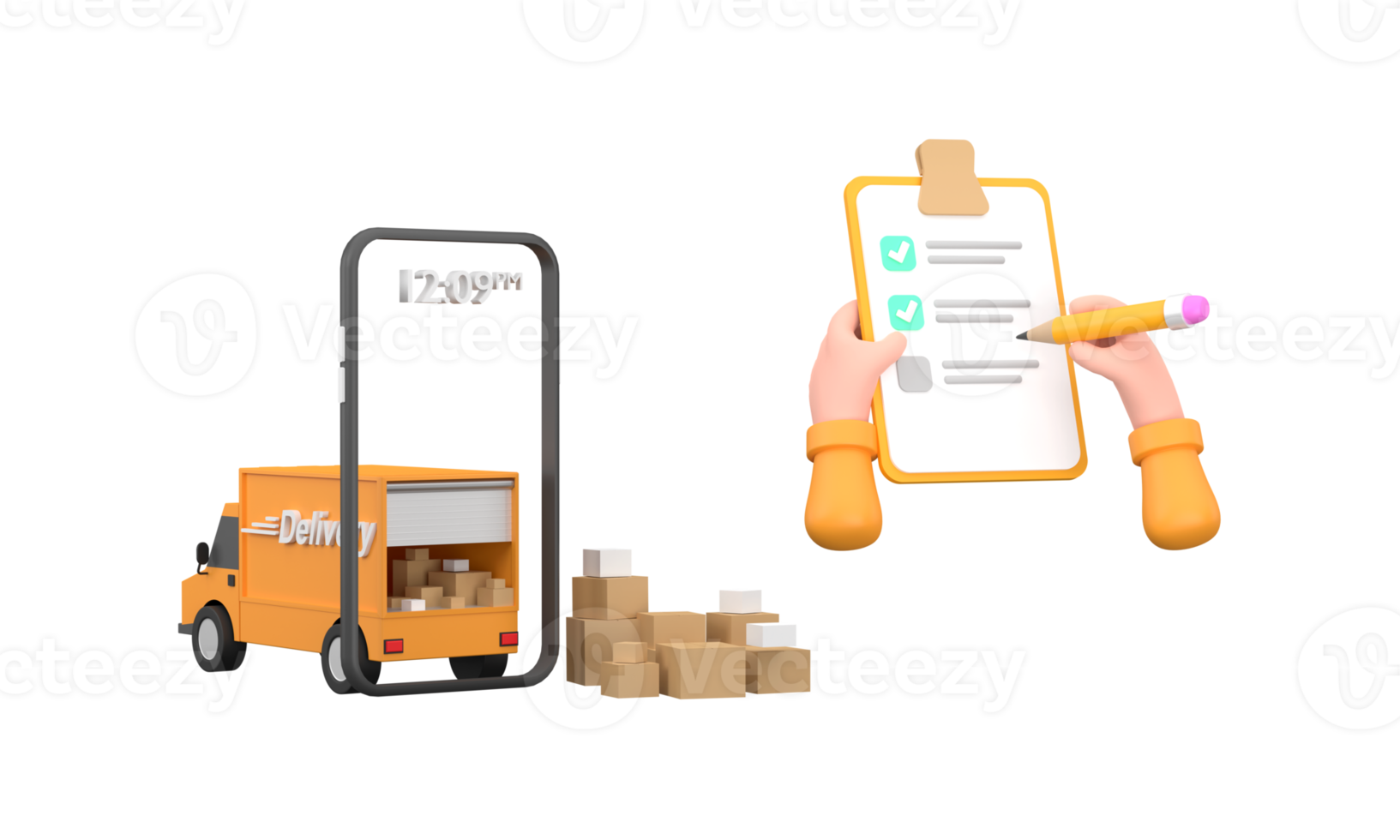 3D. Cartoon hand of a courier's make checked and hand writing on clipboard png