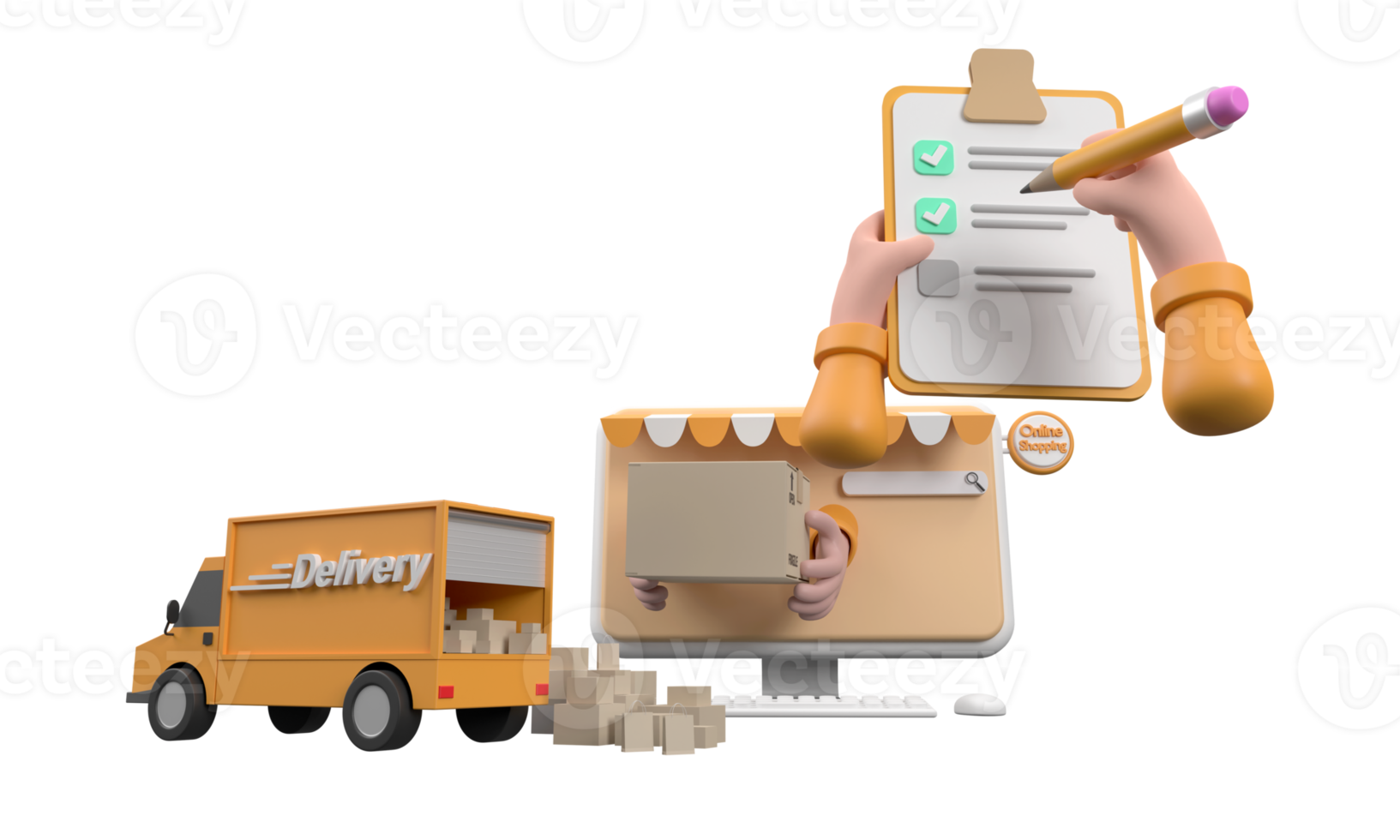 3D. Cartoon hand of a courier's make checked and hand writing on clipboard png