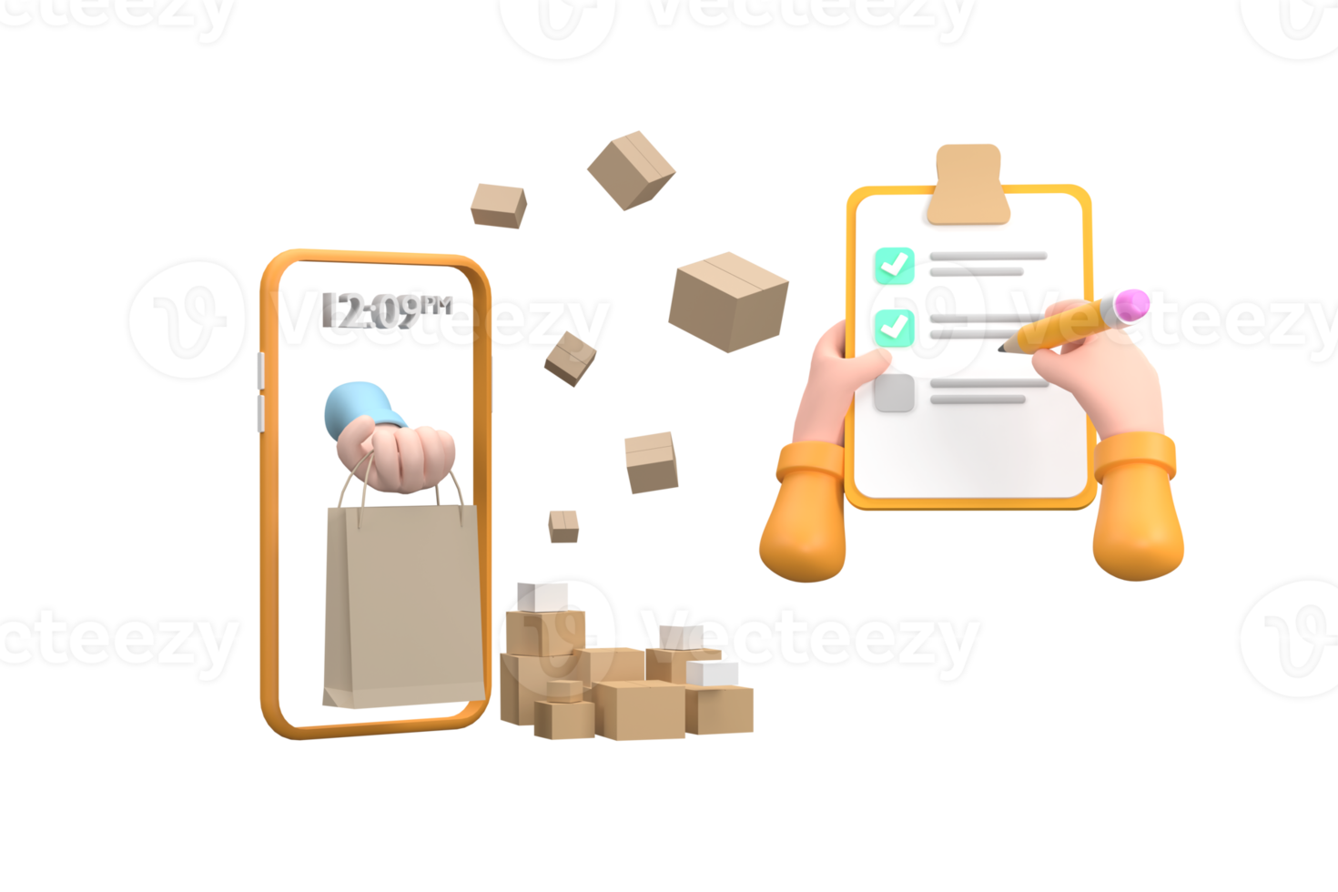 3D. Cartoon hand of a courier's make checked and hand writing on clipboard png