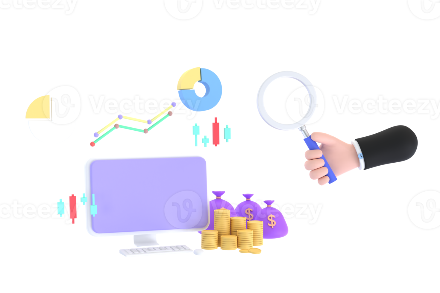 3d. mano con lupa y computadora, gráfico de cotizaciones, inversión, moneda y monedero. concepto financiero png