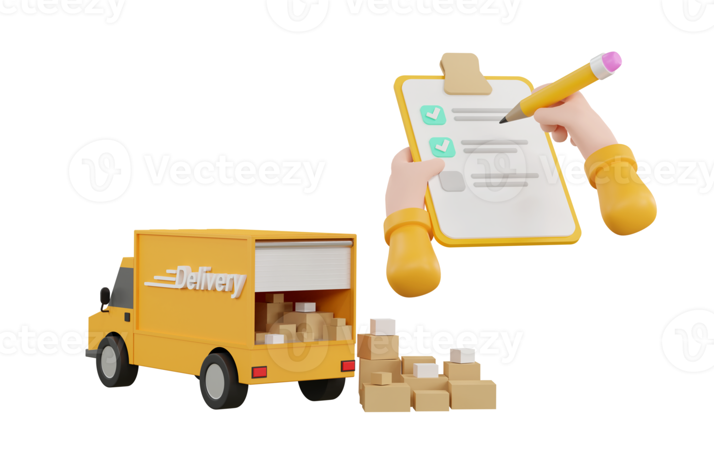 3D. Cartoon hand Close-up of a courier's and hand writing on clipboard png
