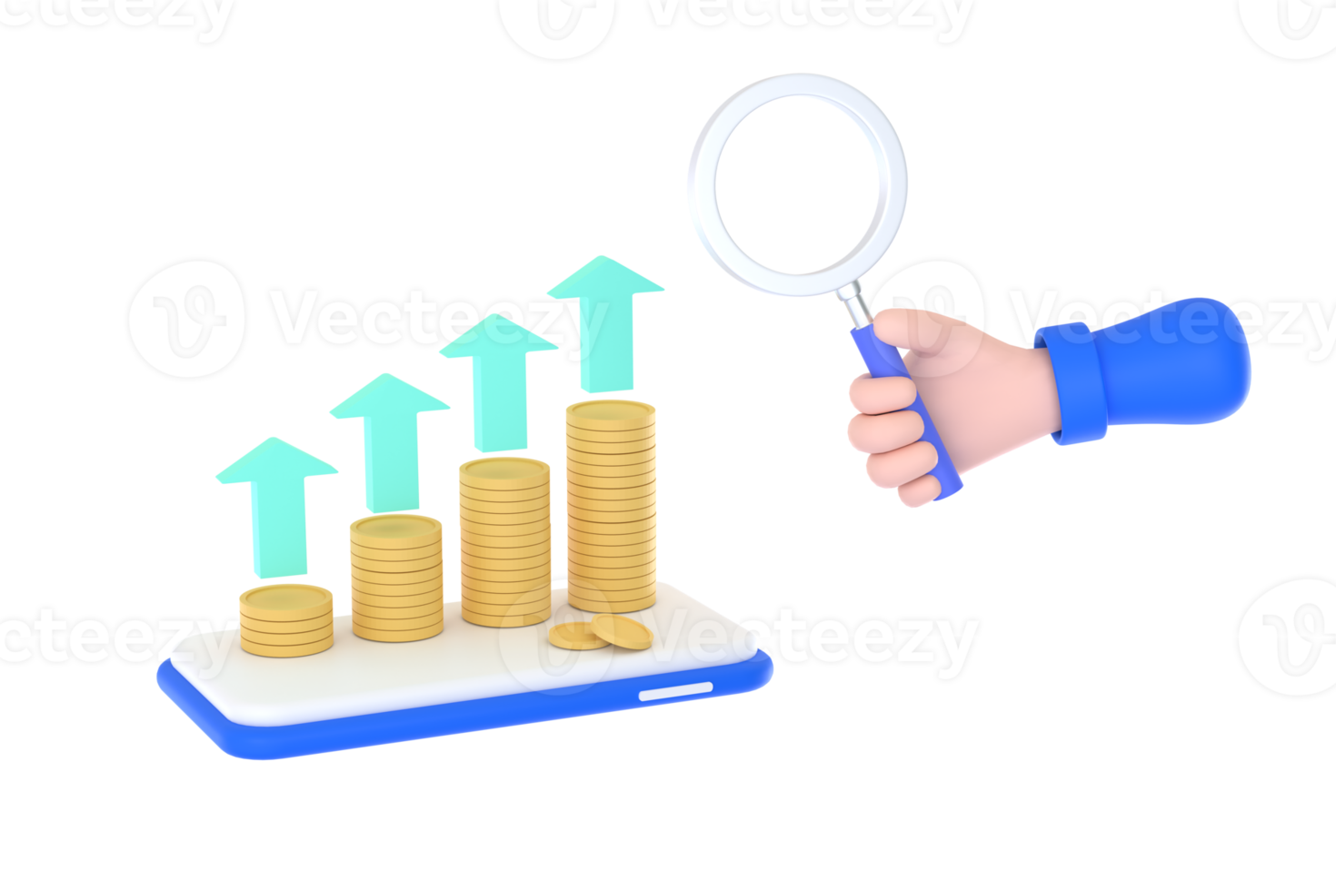 3d. hand- Holding vergroten glas en munten, diagram Aan een mobiel telefoon concept van financieel beheer png