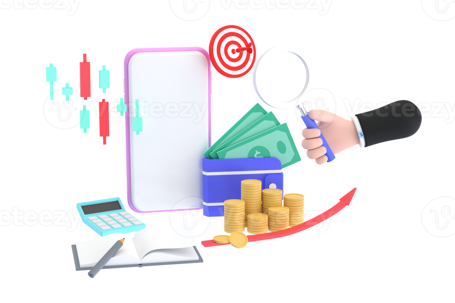 3D. hand holding magnifying glass and mobile phones with piles of coins and calculator, Stock chart. png