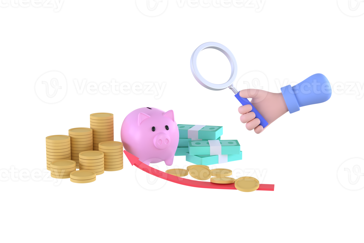 hand holding magnifying glass and Piggy bank, stacks of coins, banknotes. concept business investment. png