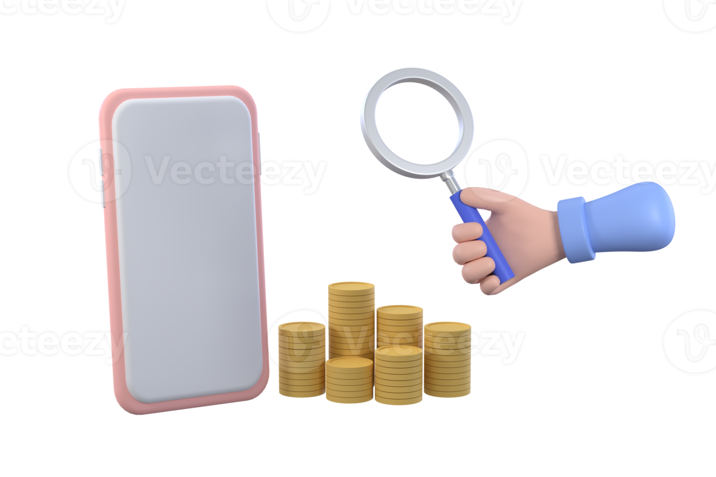 hand holding magnifying glass and smartphone, coins and credit card. finance concept. png