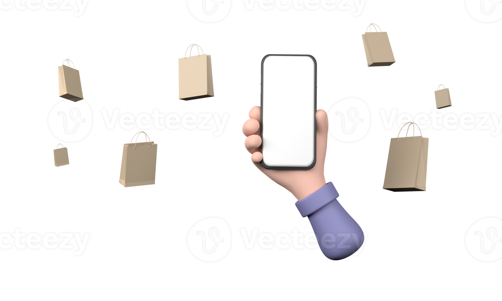 Verwenden Sie ein Smartphone und einen Haufen Papiertüten. Konzept-Shopping, png