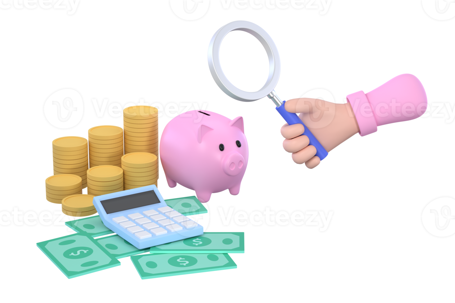 hand holding magnifying glass and Piggy bank, coins, banknotes and calculator for symbol business saving. png