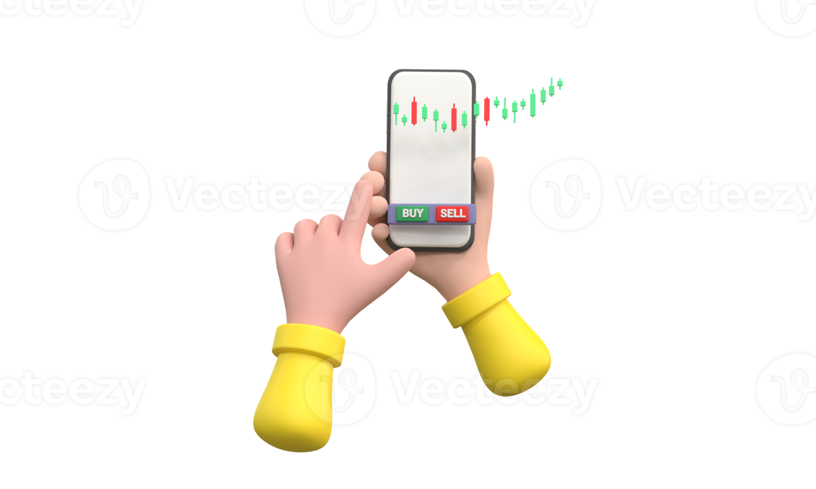 Stock market business scene. Pushing green buy button on smartphone. Money and world economy concept. png