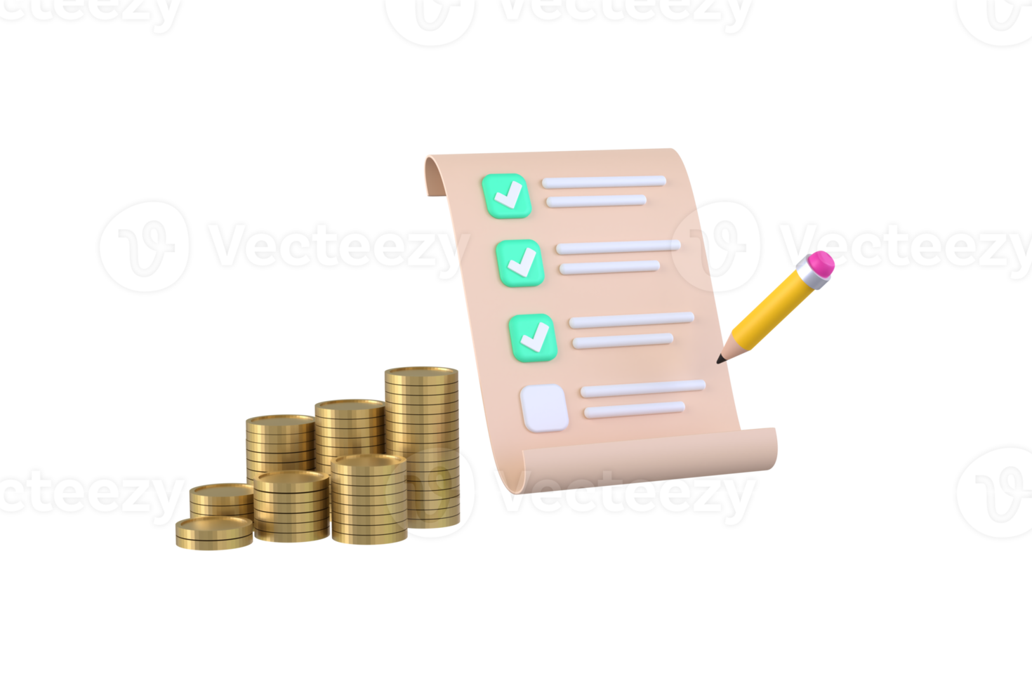 check list, check mark, pile money coins isolated. png