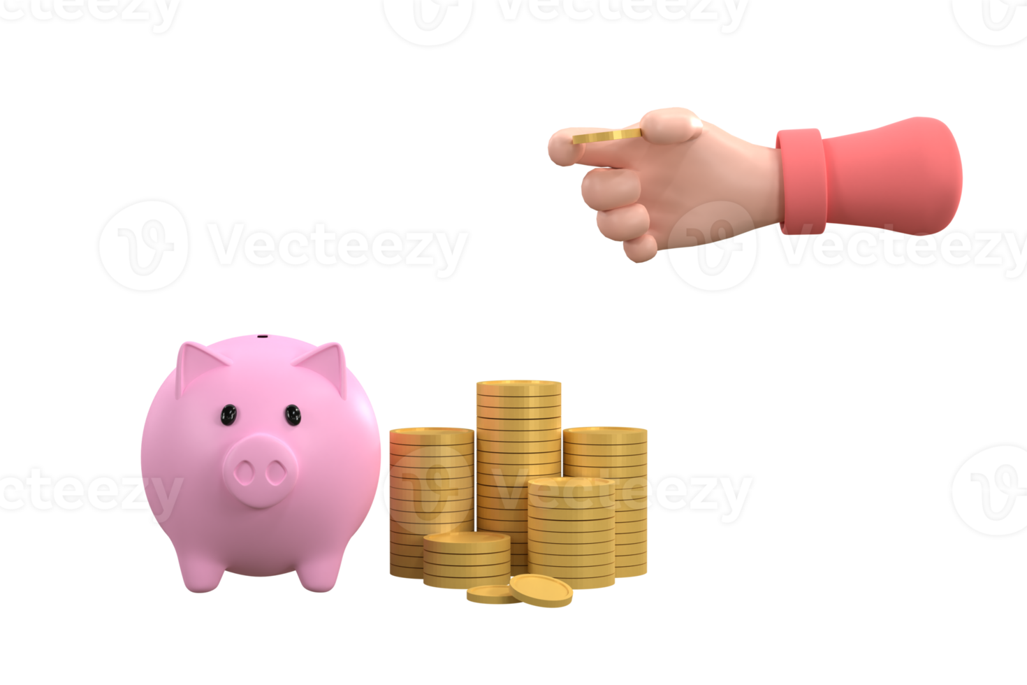 Hand putting a coin into pink piggy bank and stacking coin for saving concept. png