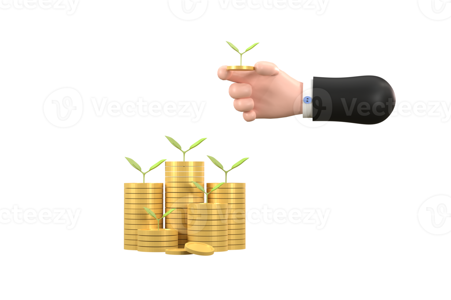 tree growing from pile of coins. Concept of money plant growing from coins in hand png