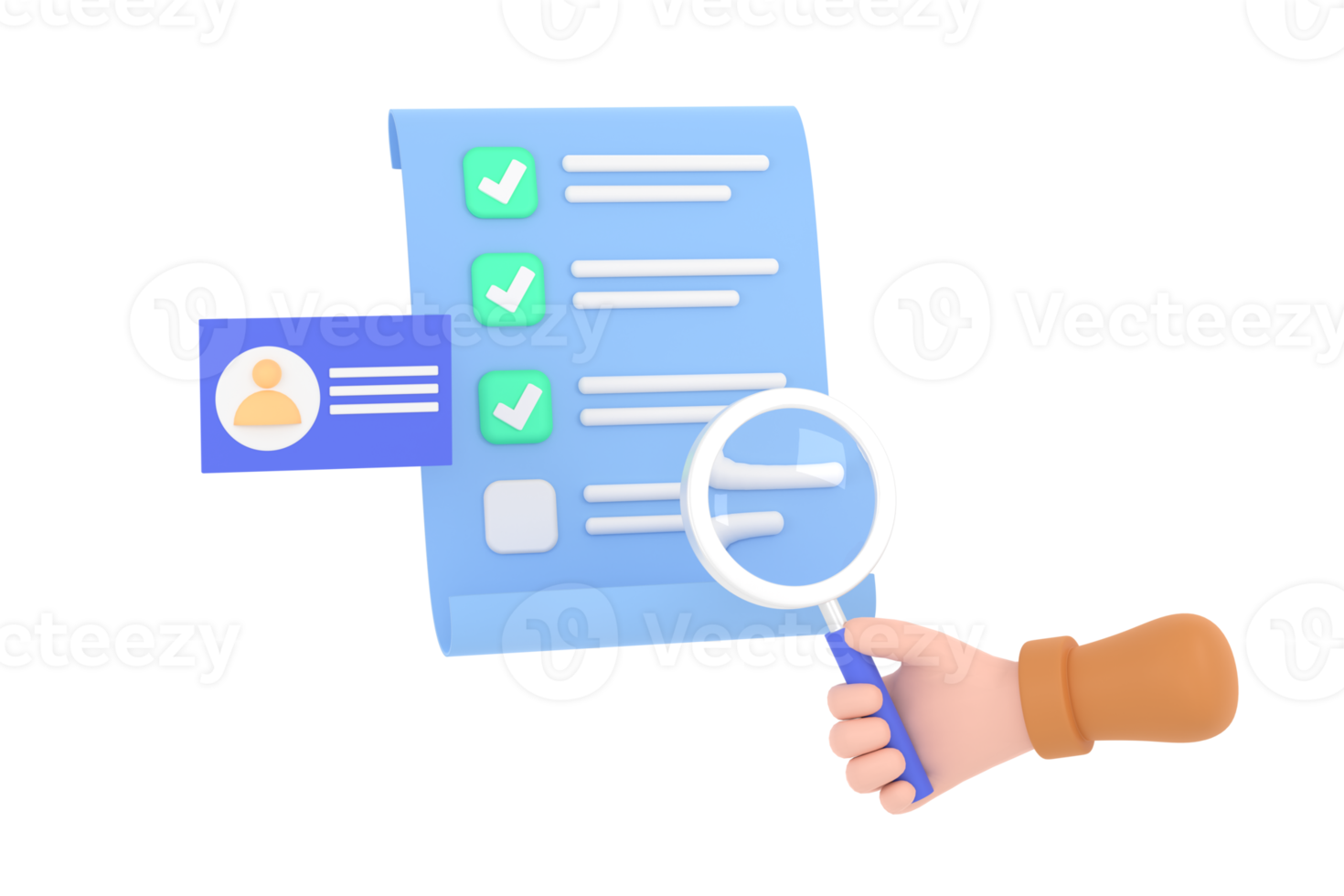 Hand hold magnifying glass with Id card, checklist paper, recruitment staff, human resources, job search, job application png