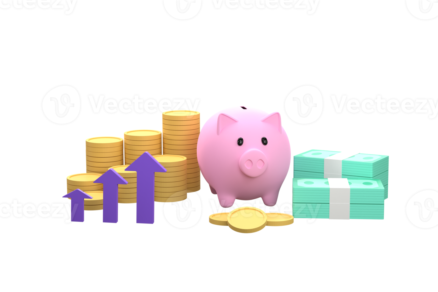 Piggy bank, stacks of coins, banknotes. concept business investment. png