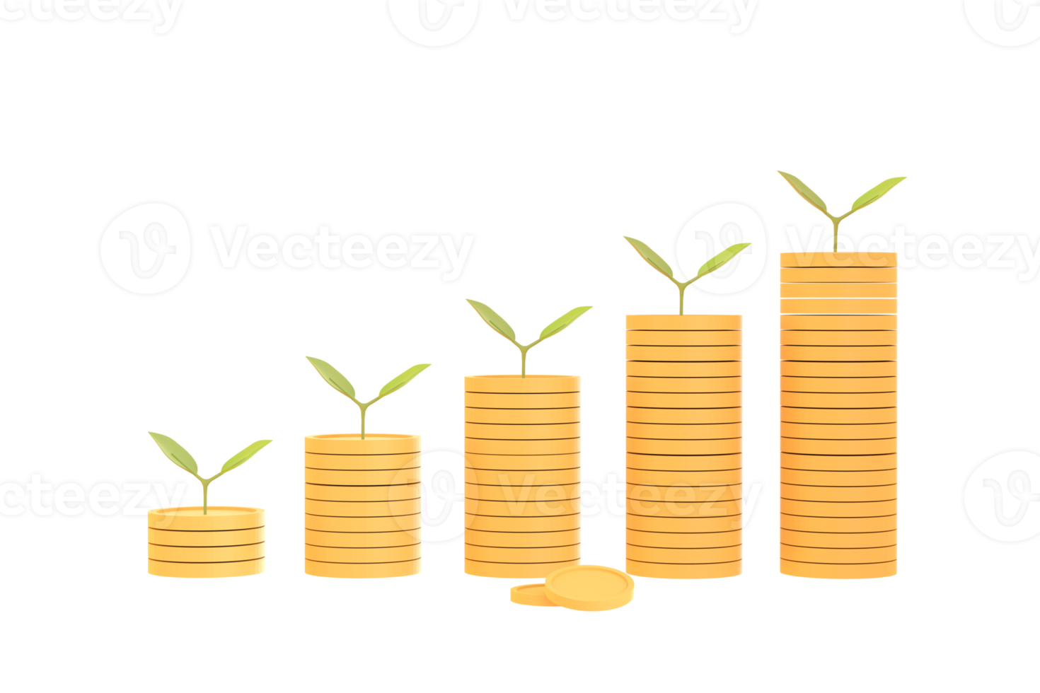 3D. Cartoon Tree on pile of coins are lined up from small to large size shown in the form of a graph. png