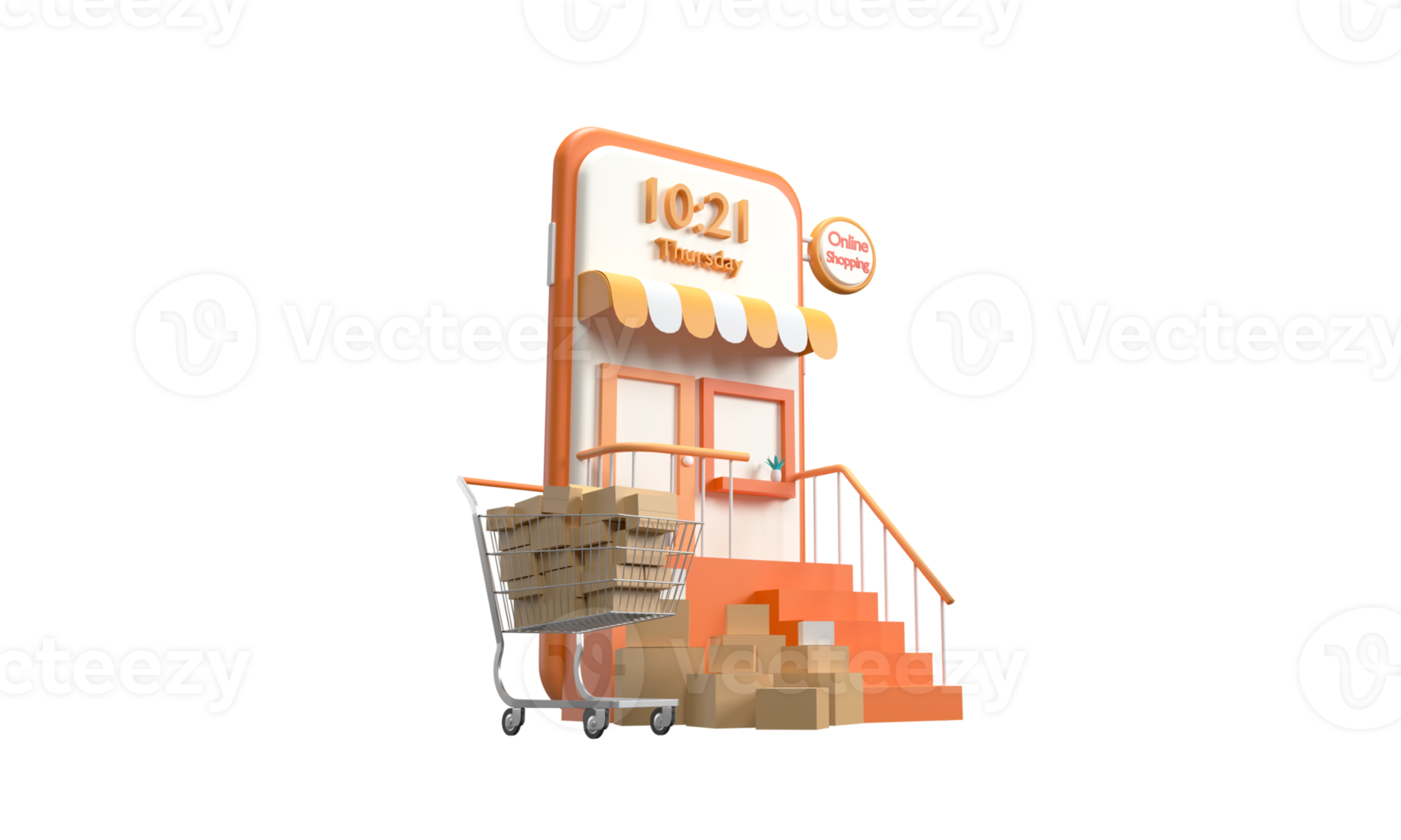 3D. Concept of online shopping with a mobile phone with a cart in the supermarket and parcel box as a component png