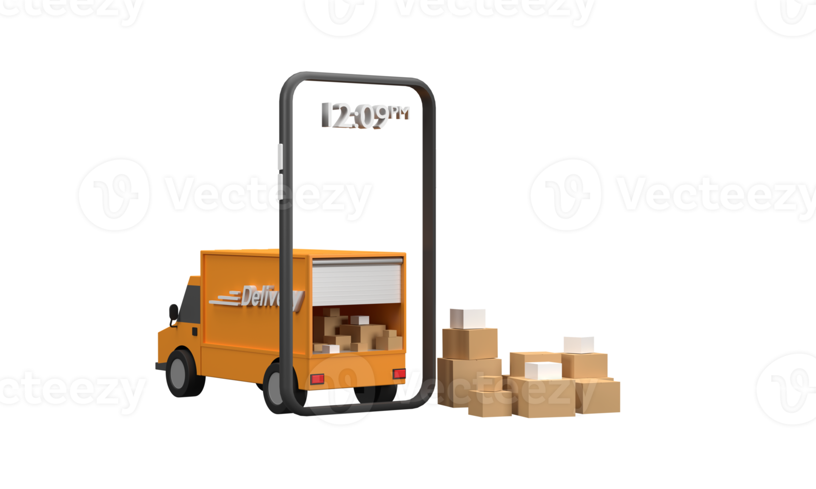 3d. verkoop online met mobiel telefoons dat is klaar naar leveren levering vrachtauto de auto was vol van pakketten. png