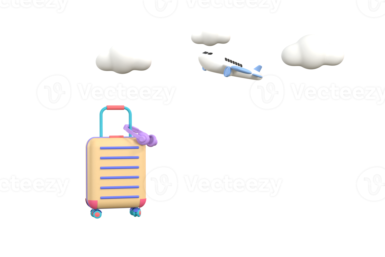 3D. model airplane with suitcase and headphone. concept travel. png