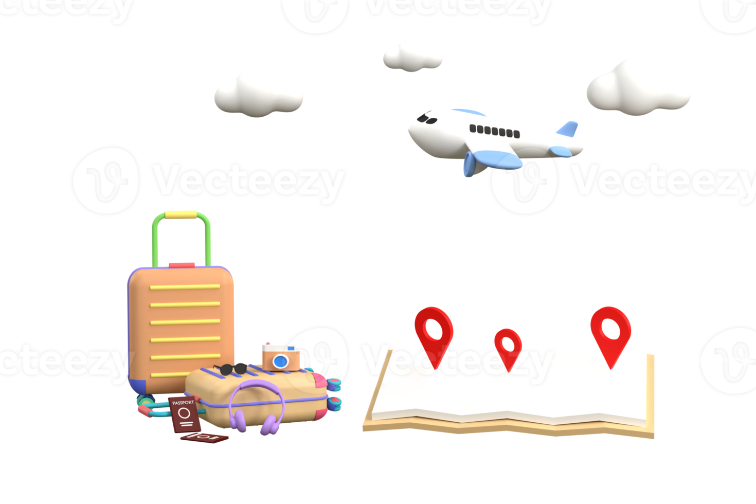 3D. airplane travel tourism plane trip planning world tour luggage with pin location suitcase and map png