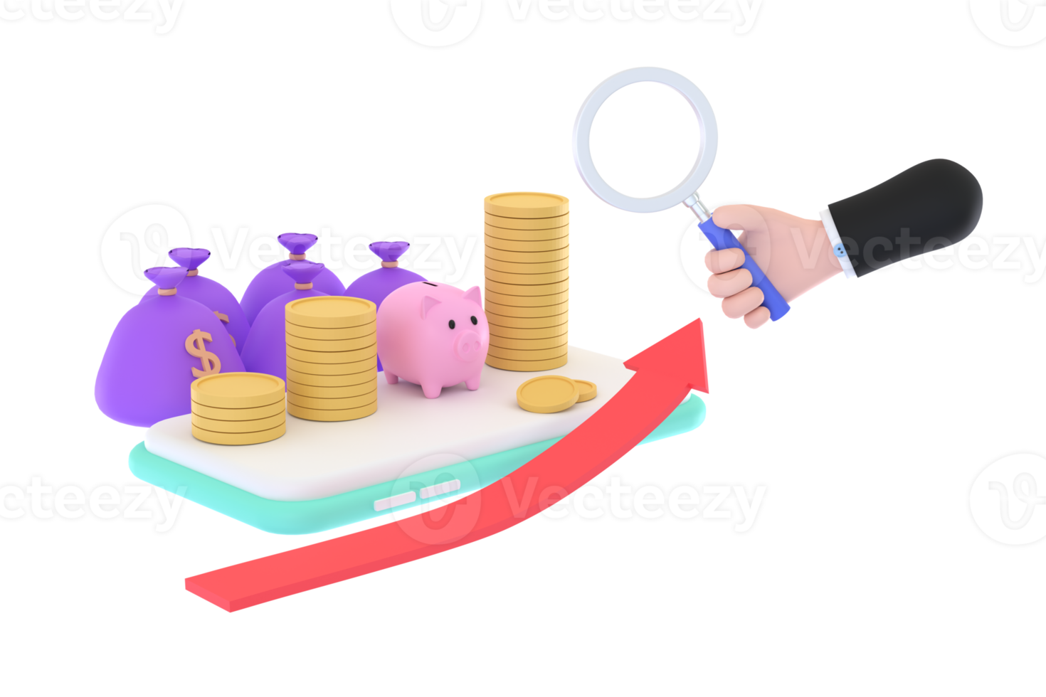 3d. hand innehav förstorande glas och nasse Bank, mynt, pengar väska, begrepp av finansiell förvaltning png