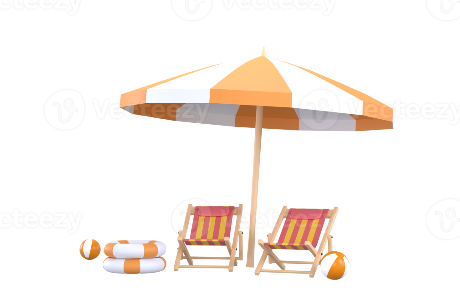 parasol, ballon de plage, anneau de natation et chaise de plage. concept de voyage et de vacances d'été. png