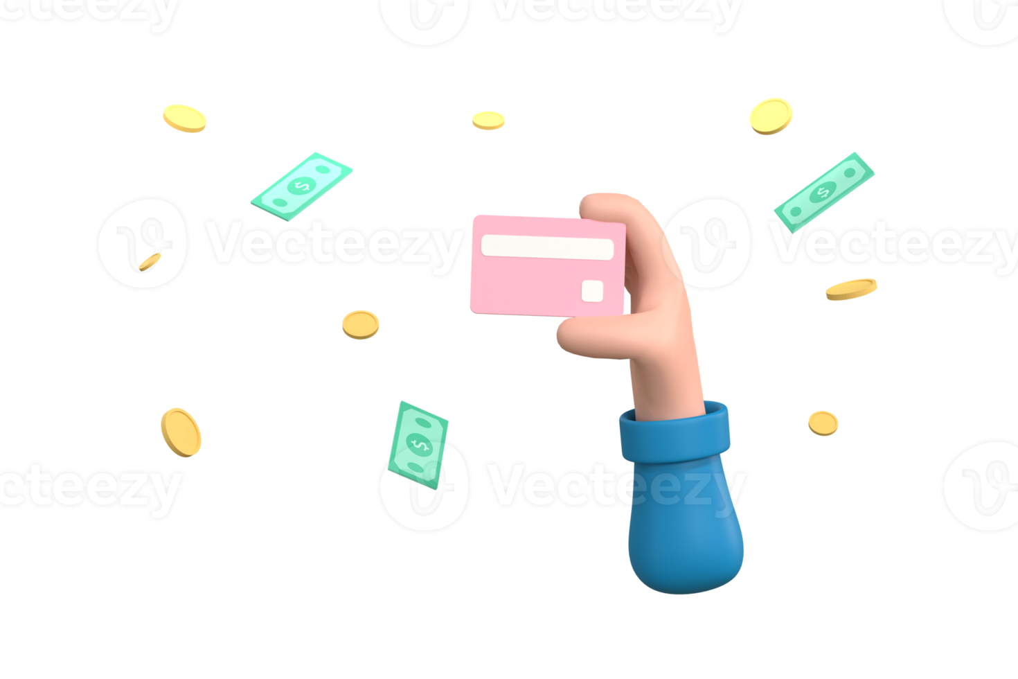 Cartoon Hand holding credit cards and coins bank note background png