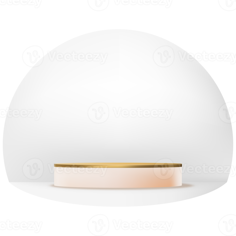 Podium 3d or et pêche sur fond de cercle blanc. socle de cylindre de vitrine vectorielle, présentoir unique pour isoler les produits pour la présentation, la promotion, la publicité ou la vente de nouveaux produits png