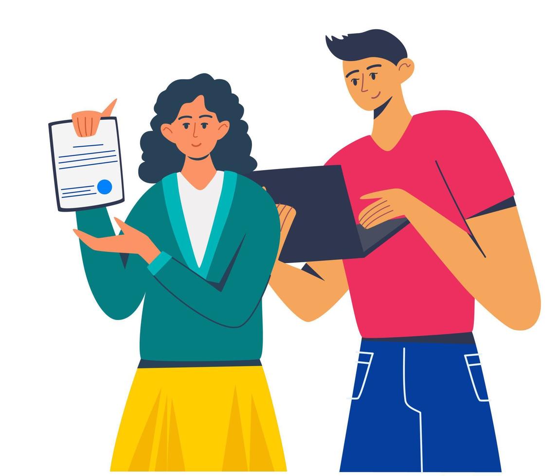 Business team applauding. Man is working at the computer, the girl shows the documents. Healthy social relationships, interaction concept. Teams set. Vector illustrations