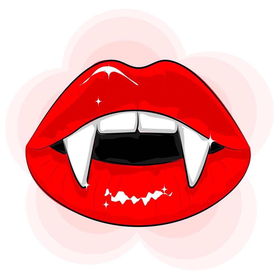 labios de vampiro halloween con colmillos, glamurosa ilustración vectorial vector