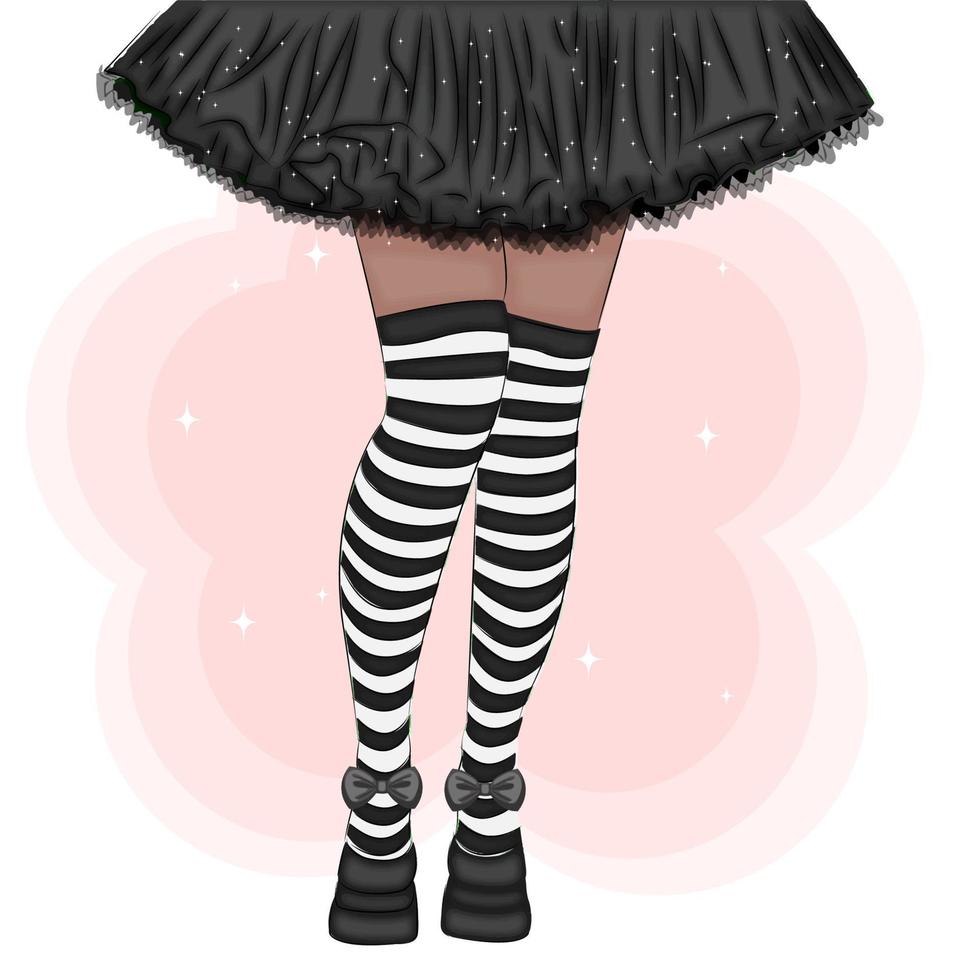 Halloween Witch Legs in Stockings and Skirt, Fashion Vector Illustration