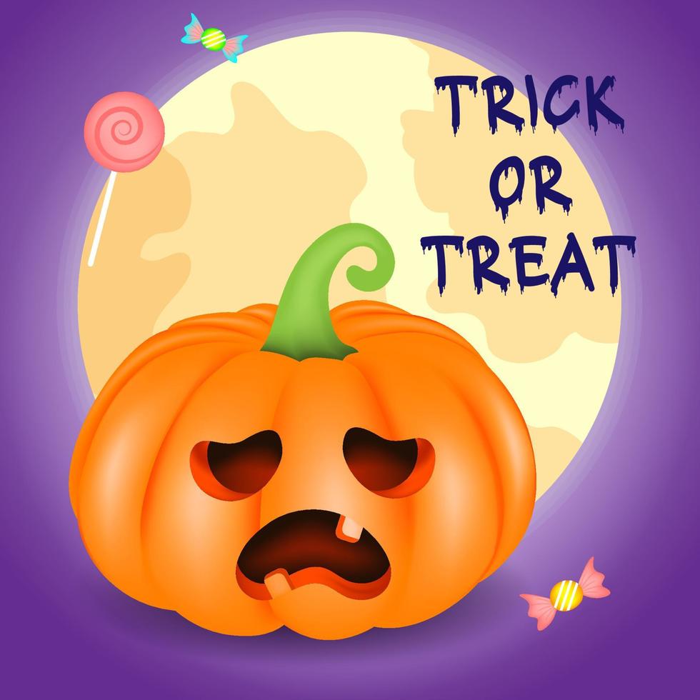 Halloween 3D pumpkin with cute face and candy, vector illustration