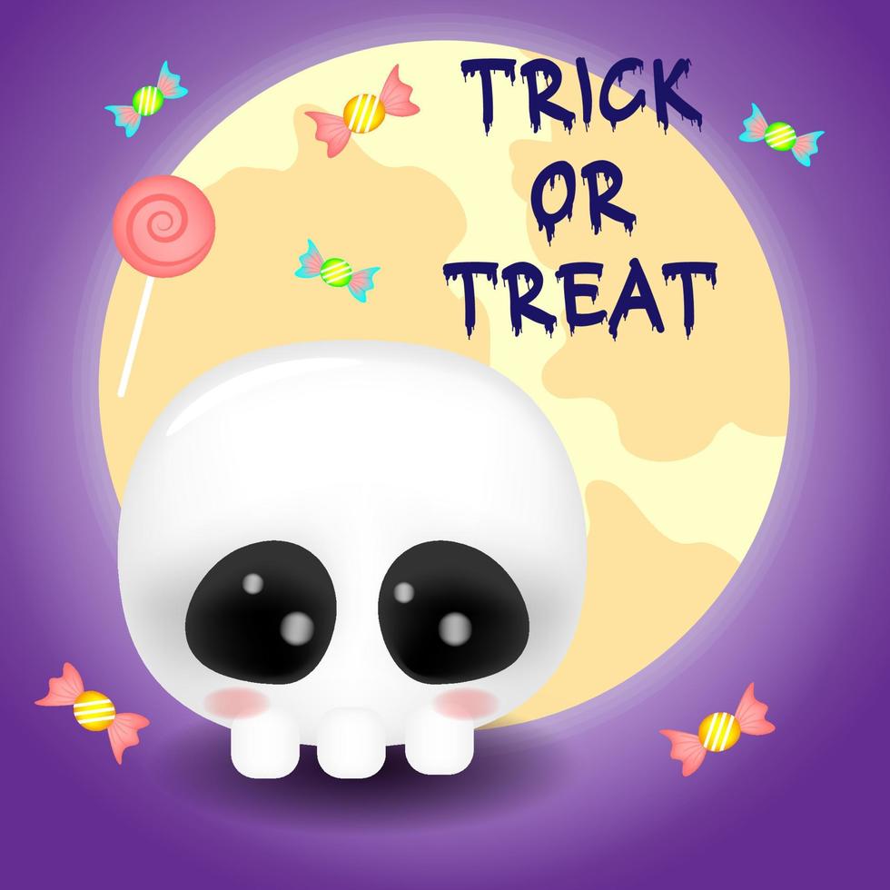 cráneo 3d de halloween con cara linda y dulces, ilustración vectorial vector