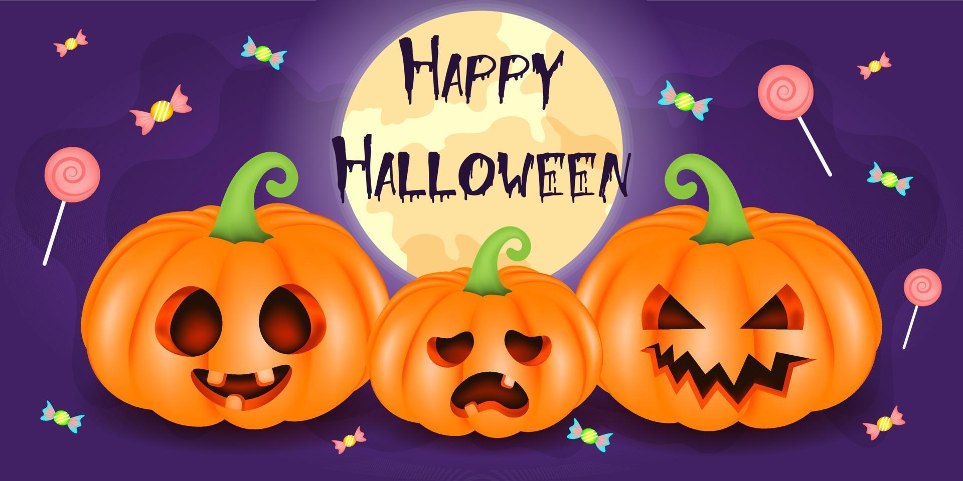 banner de halloween calabaza 3d con cara linda y dulces, ilustración vectorial vector