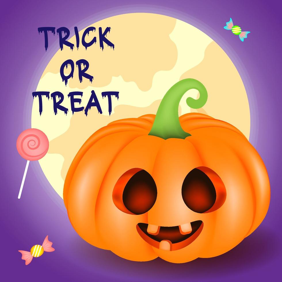 Halloween 3D pumpkin with cute face and candy, vector illustration