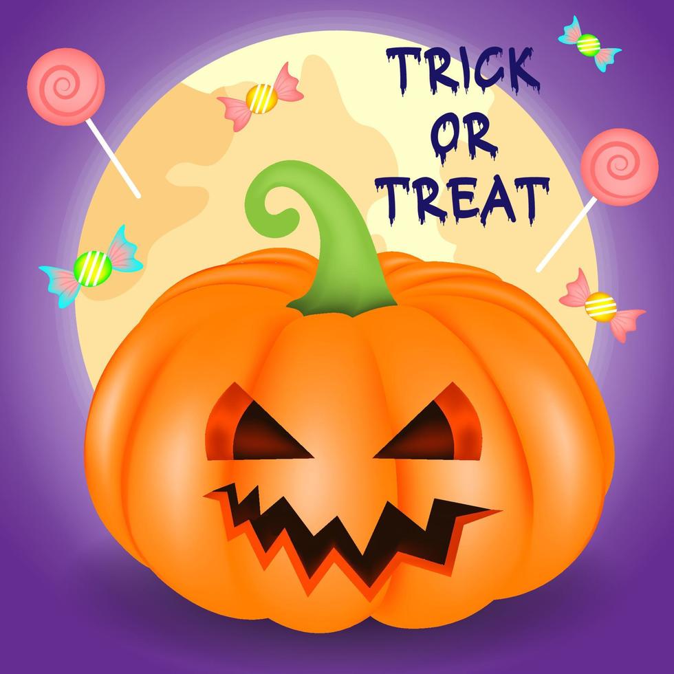 Halloween 3D pumpkin with cute face and candy, vector illustration