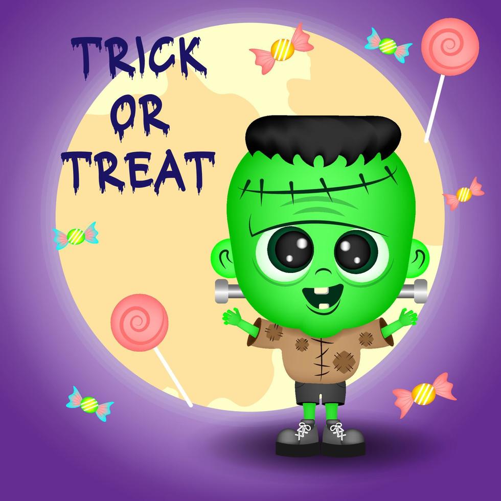 Halloween green Frankenstein with cute face and candy 3d, vector illustration