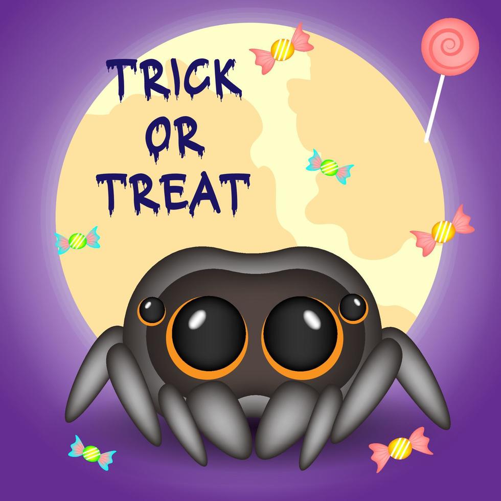 Halloween 3D spider with cute face and candy, vector illustration