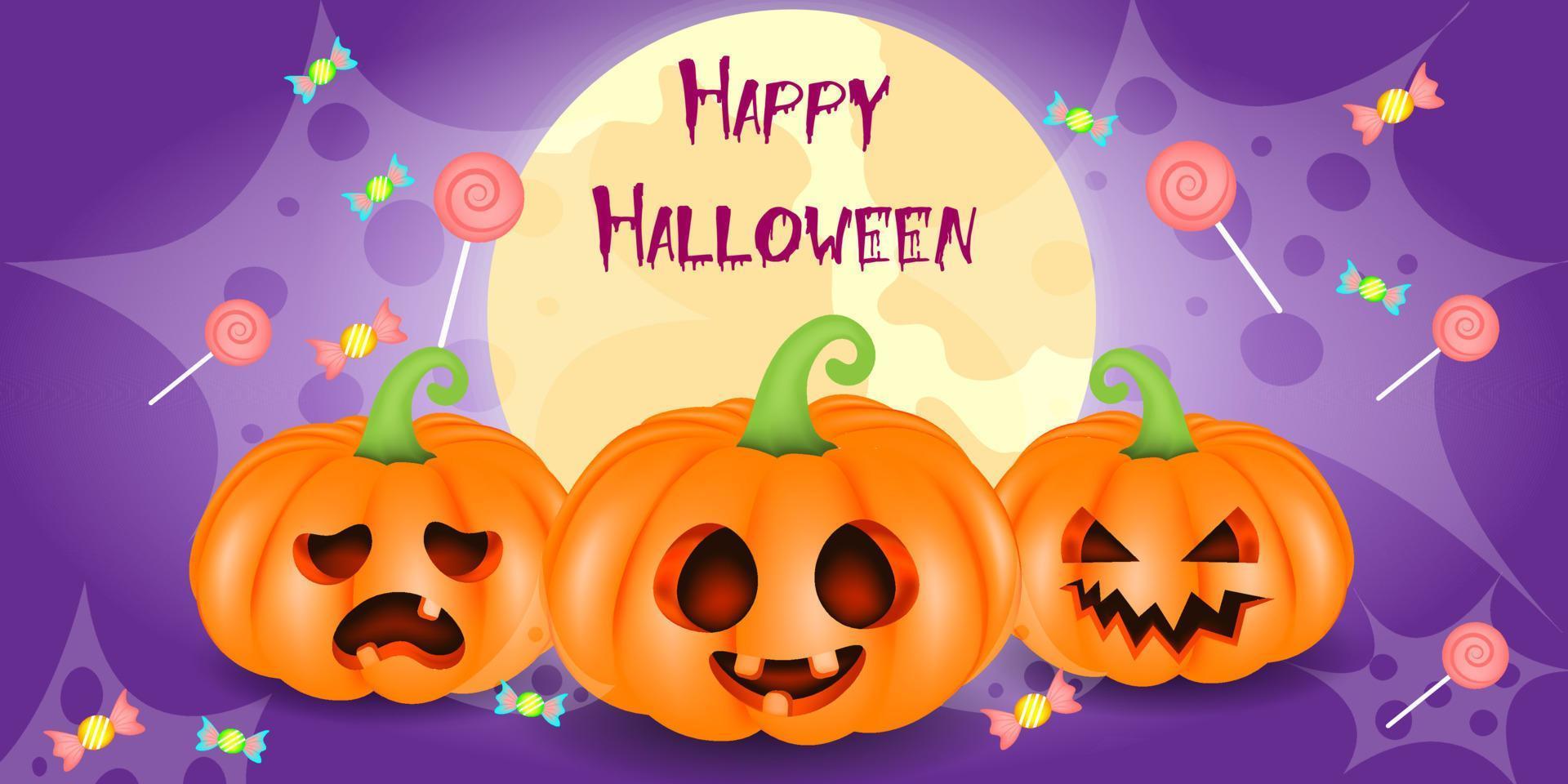 Halloween banner 3D pumpkin with cute face and candy, vector illustration